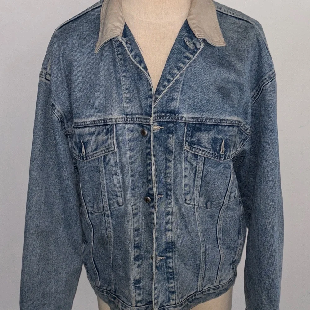 VINTAGE Banana Republic Trucker Jacket Men XL Blue Denim Jean Leather Collar 90s